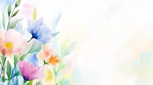 Bouquet of wildflowers in soft green, blue and pink tones. Watercolor splashes of pale shades inside.