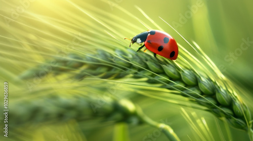 Marienkäfer auf Getreidehalm in sonniger Natur. photo