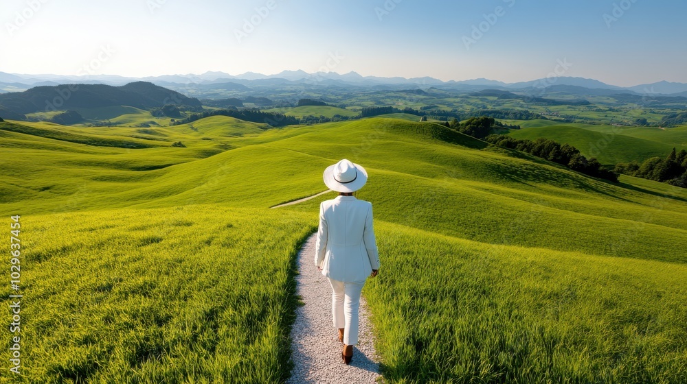 An elegantly dressed woman in a white hat strolls along a picturesque path amid vibrant green fields, capturing a moment of serenity in a wide-open landscape. An elegantly dressed woman in a white hat strolls along a picturesque path amid vibrant green fields, capturing a moment of serenity in a wide-open landscape.