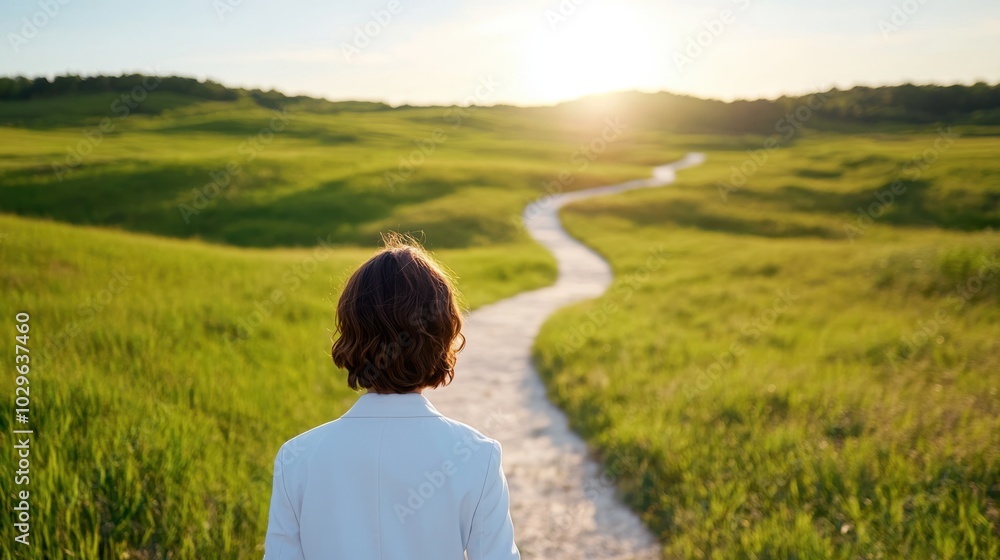A young girl is seen from behind walking along a meandering path that stretches into the distance through lush, sunlit green fields under a clear blue sky. A young girl is seen from behind walking along a meandering path that stretches into the distance through lush, sunlit green fields under a clear blue sky.