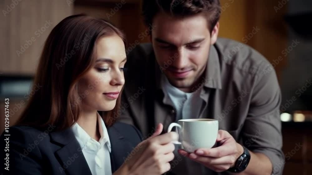 A young, pretty businesswoman, sits at a kitchen table, consulting invoices and documents on her laptop. Her expression is focused and determined. handing her a cup of coffee. A young, pretty businesswoman, sits at a kitchen table, consulting invoices and documents on her laptop. Her expression is focused and determined. handing her a cup of coffee.