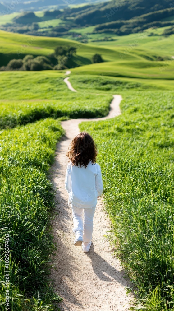 With a sweeping view of vast green fields, a young child dressed in white walks leisurely down a winding dirt path, symbolizing freedom and adventure. With a sweeping view of vast green fields, a young child dressed in white walks leisurely down a winding dirt path, symbolizing freedom and adventure.