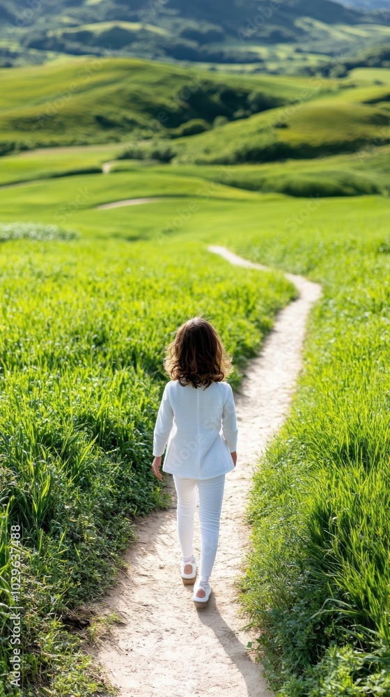 A little girl in white walks down a tranquil path set amidst rolling green hills, capturing the essence of serenity and the joy of exploration in nature. A little girl in white walks down a tranquil path set amidst rolling green hills, capturing the essence of serenity and the joy of exploration in nature.