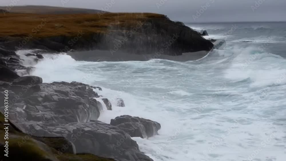 Dramatic waves crashing against a rocky coastline.
Dramatic waves crashing against a rocky coastline.