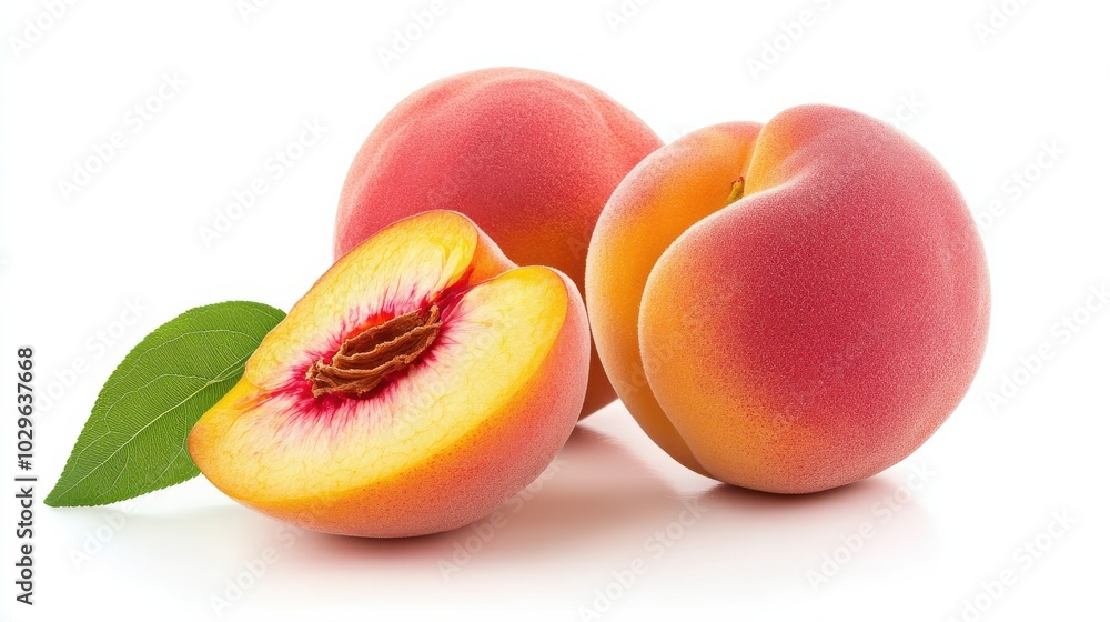 Three peaches, one sliced, showcasing vibrant colors and a green leaf. Three peaches, one sliced, showcasing vibrant colors and a green leaf.