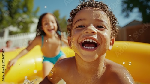 Joyful kids are captured having a blast in an inflatable pool, splashing water with smiles that reflect the warmth and carefree vibe of a sunny day. photo