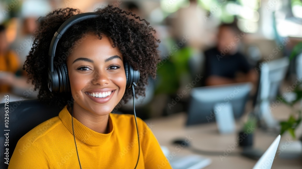 A cheerful woman wearing large headphones and a yellow sweater sits at a desk in a modern office environment, exuding positivity and engagement with work. A cheerful woman wearing large headphones and a yellow sweater sits at a desk in a modern office environment, exuding positivity and engagement with work.