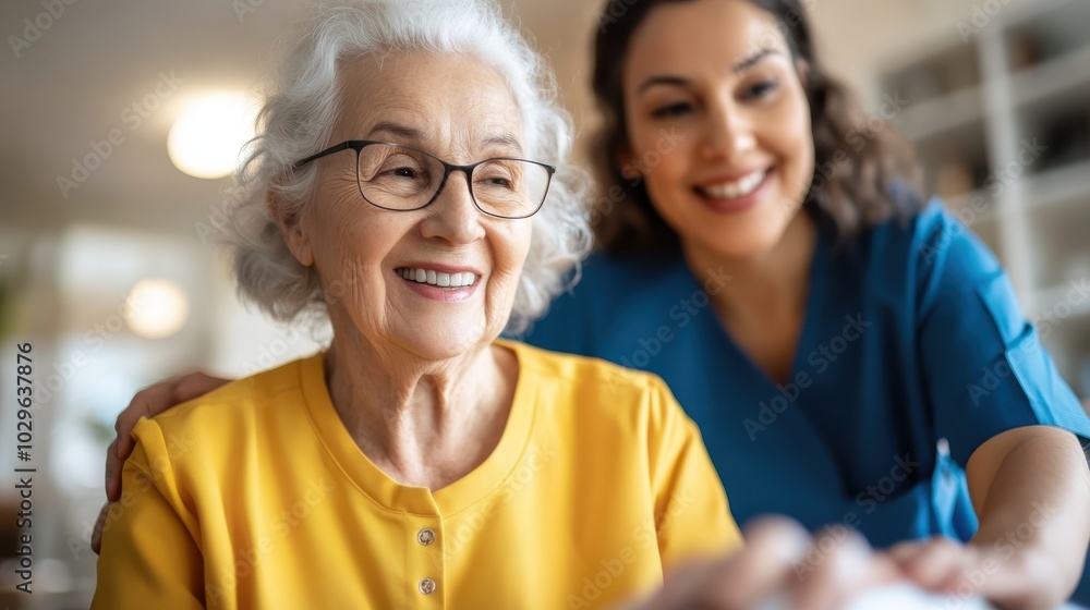 An elderly woman with glasses smiles as she sits comfortably, while a nurse in blue scrubs stands behind her, highlighting trust and healthcare support. An elderly woman with glasses smiles as she sits comfortably, while a nurse in blue scrubs stands behind her, highlighting trust and healthcare support.