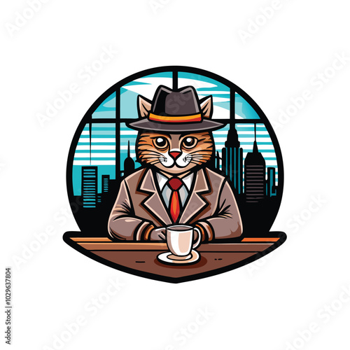 A cartoon cat dressed as a detective sits at a desk with a cup of coffee in a city setting.