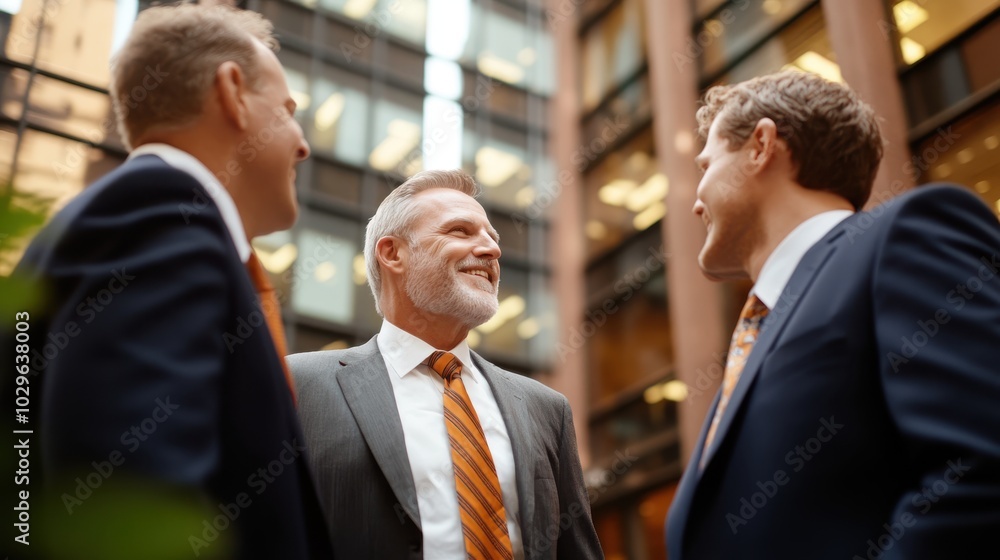 Three business leaders in suits and ties are engaged in strategic discussions against the backdrop of a modern cityscape, with reflections in glass buildings. Three business leaders in suits and ties are engaged in strategic discussions against the backdrop of a modern cityscape, with reflections in glass buildings.