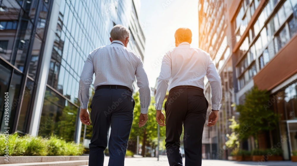 Two men dressed in business casual attire, walking and conversing along a sunlit path bordered by modern glass and steel buildings, casting long shadows on pavement. Two men dressed in business casual attire, walking and conversing along a sunlit path bordered by modern glass and steel buildings, casting long shadows on pavement.