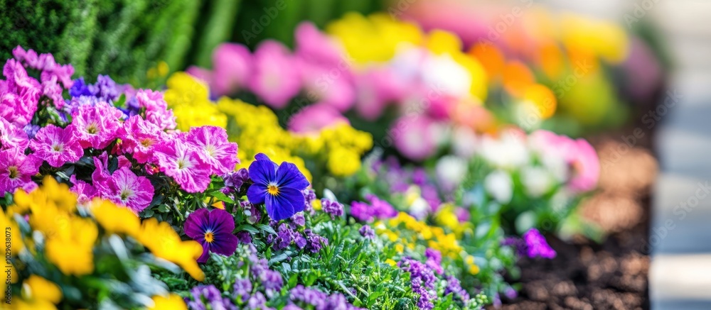 Obraz premium Close-up view of a row of vibrant pink, yellow, and blue flowers in bloom.