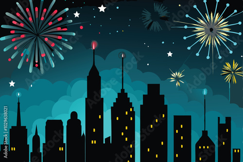 A dark cityscape silhouetted against a midnight sky, fireworks bursting in colorful streaks and sparks.