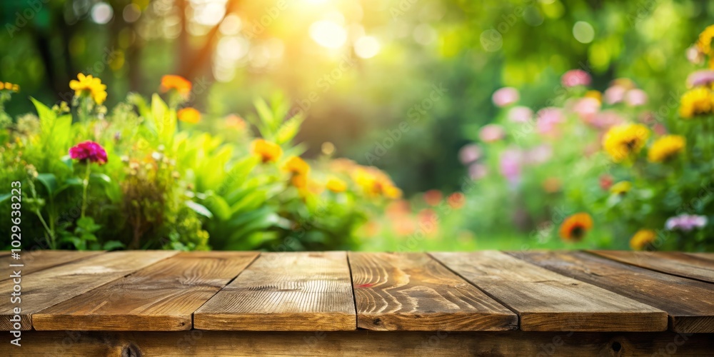Naklejka premium Bare wooden tabletop in a tranquil garden, perfect for outdoor dining, leisurely moments, and nature photography. Embrace the serenity and beauty of the surroundings.