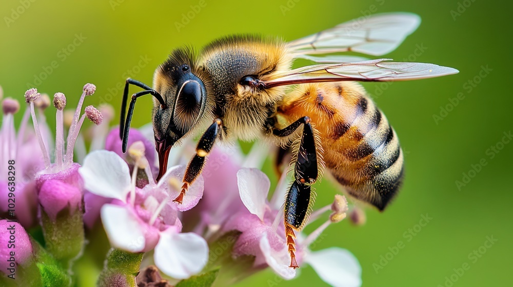 A close-up shot of a honeybee pollinating a pink flower. A close-up shot of a honeybee pollinating a pink flower.