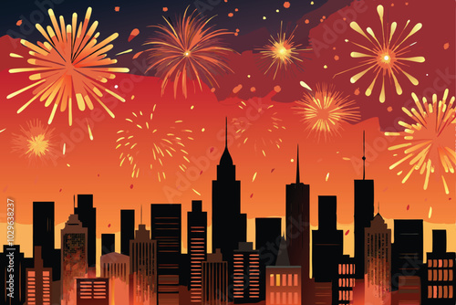 A cityscape silhouetted against an orange and red sky with bursts of yellow fireworks.