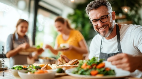 A smiling man with glasses enjoys a colorful salad in a warm, inviting restaurant while two women prepare food in the background, creating a cozy, lively atmosphere.