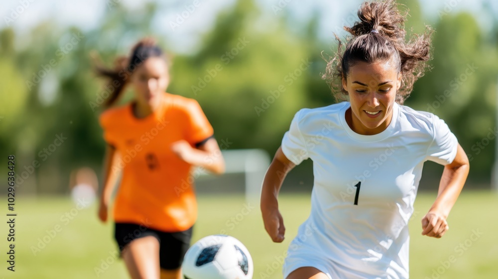 Obraz premium A female soccer player dribbling a ball on a sunny outdoor field, showcasing athleticism, competition, and teamwork in a vibrant and energetic setting.