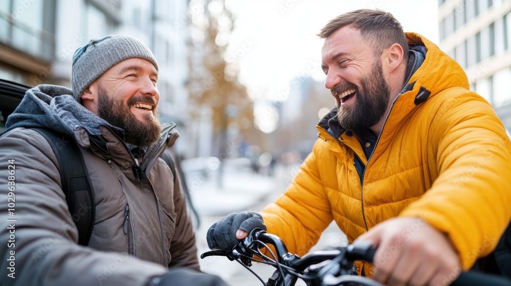 Two men, dressed for chilly weather, share a laugh while resting on their bike ride through the city streets, capturing a lighthearted moment amidst urban scenery. Two men, dressed for chilly weather, share a laugh while resting on their bike ride through the city streets, capturing a lighthearted moment amidst urban scenery.