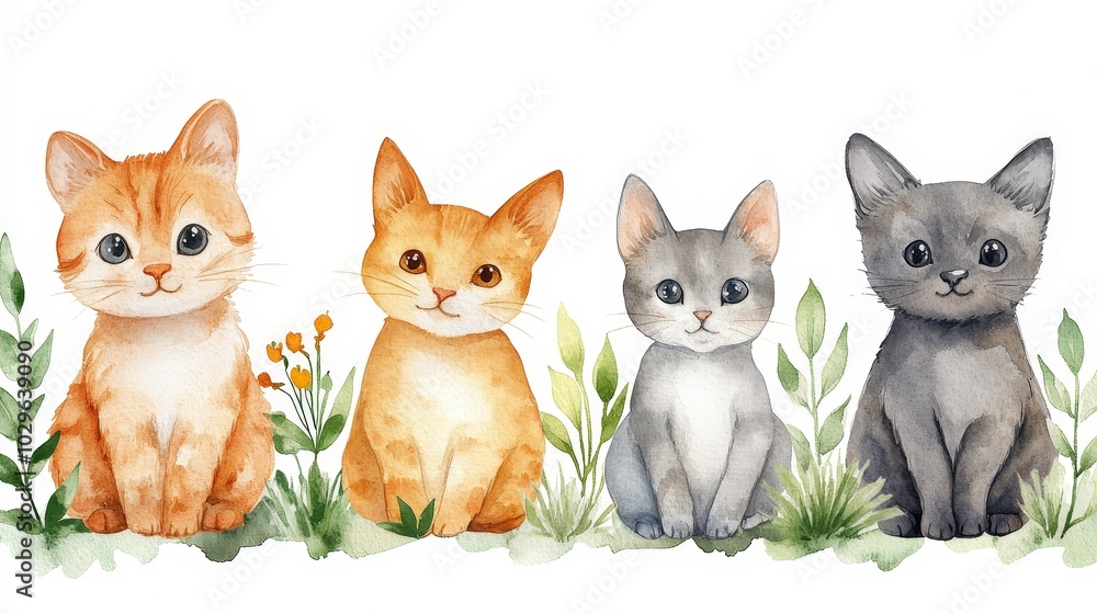 Fototapeta premium Whimsical Blessing of the Animals 2024: Delicate Watercolor Clipart Set on White Background