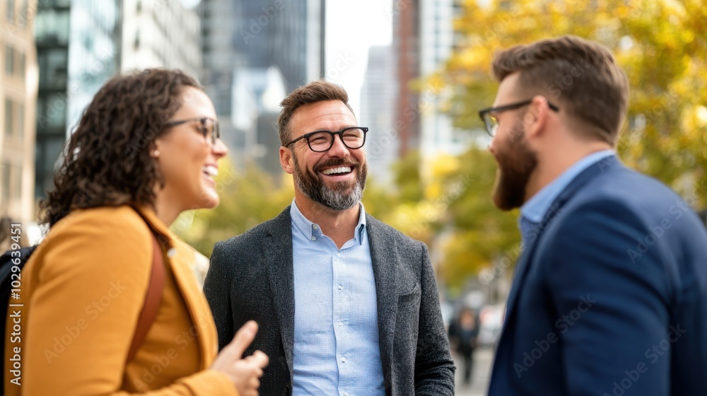 A group of happy professionals enthusiastically chats in an outdoor city setting, showcasing connectivity, diversity, and urban lifestyle amidst a bustling environment. A group of happy professionals enthusiastically chats in an outdoor city setting, showcasing connectivity, diversity, and urban lifestyle amidst a bustling environment.