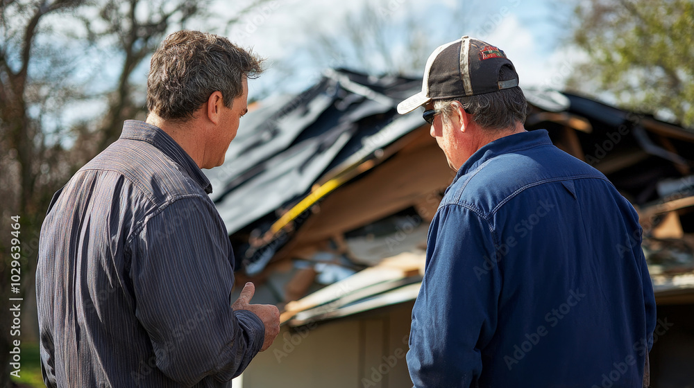 Contractor discussing roof repair costs with homeowner, analyzing damage and options. conversation reflects concern and professionalism in addressing repair needs Contractor discussing roof repair costs with homeowner, analyzing damage and options. conversation reflects concern and professionalism in addressing repair needs