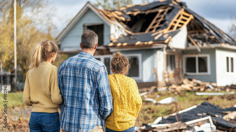 family assessing their damaged home after storm, discussing repair plans and feeling mix of concern and determination family assessing their damaged home after storm, discussing repair plans and feeling mix of concern and determination