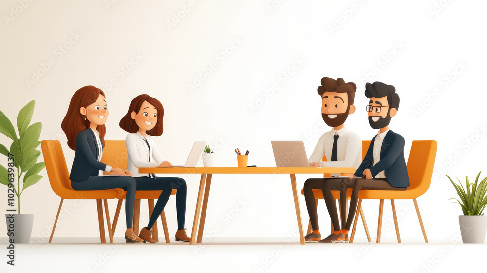 Fototapeta premium A joyful group of four team members collaborating at an office table, fostering a bright and innovative environment with laptops and notepads for productivity.