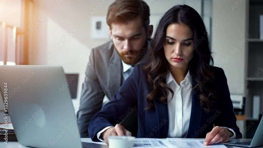 In a modern office, a team accountant, wavy hair is intently working on a laptop, surrounded by financial documents and spreadsheets. expression focused and determined. In a modern office, a team accountant, wavy hair is intently working on a laptop, surrounded by financial documents and spreadsheets. expression focused and determined.