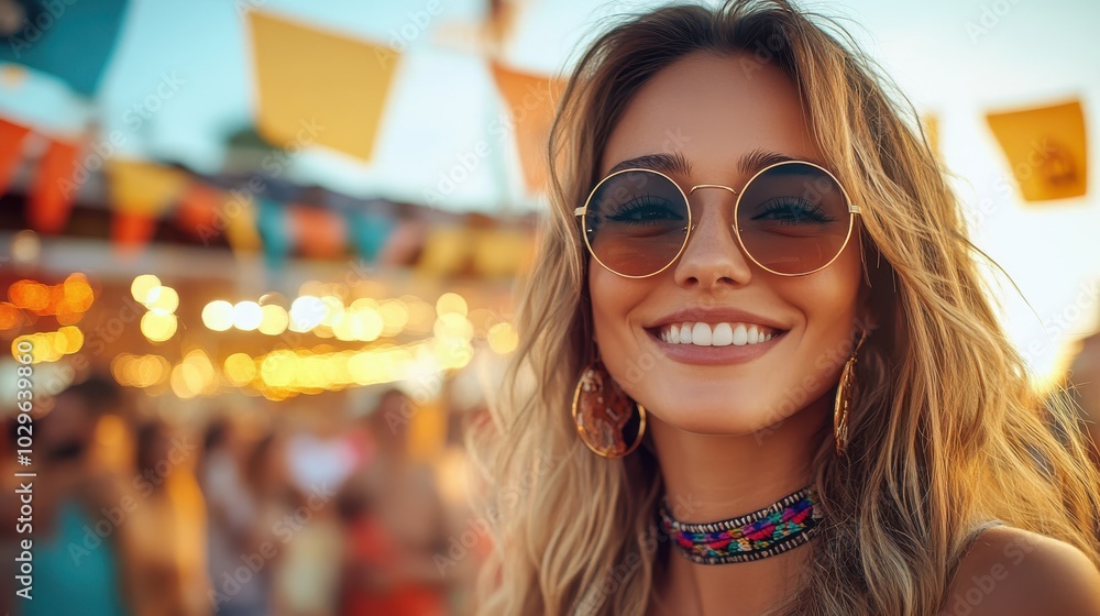 A young woman with long hair smiles broadly at an outdoor festival, adorned in vibrant attire with unique accessories and colorful flags in the background. A young woman with long hair smiles broadly at an outdoor festival, adorned in vibrant attire with unique accessories and colorful flags in the background.