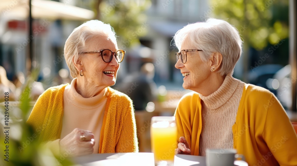 Two elderly women seated at an outdoor café, engaged in cheerful conversation, drinking beverages, wearing glasses and sweaters on a sunny day, showcasing friendship. Two elderly women seated at an outdoor café, engaged in cheerful conversation, drinking beverages, wearing glasses and sweaters on a sunny day, showcasing friendship.
