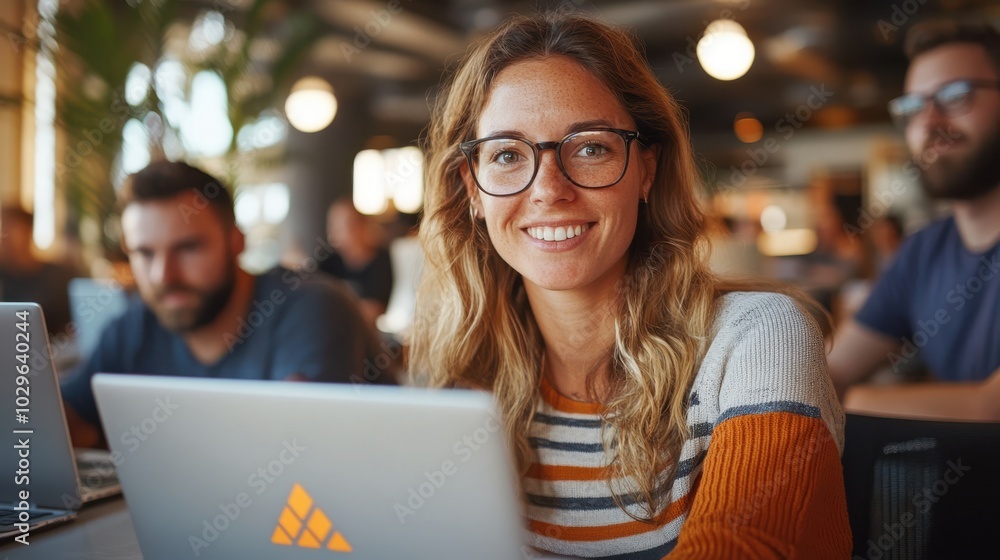 A woman with wavy hair and glasses, wearing a striped sweater, smiles behind a glowing laptop in a lively cafe environment with people around. A woman with wavy hair and glasses, wearing a striped sweater, smiles behind a glowing laptop in a lively cafe environment with people around.