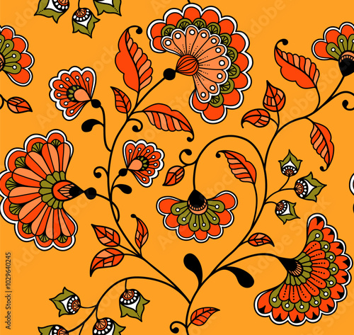 Whimsical Indian oriental yellow floral vector pattern. Vintage style graphical flowers in bold colors, bright orange, deep yellow seamless pattern.