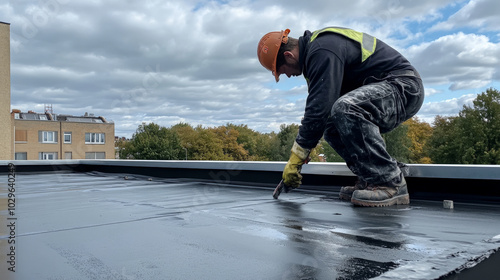 worker applying waterproof membrane on flat roof, showcasing dedication and skill in construction. cloudy sky adds dramatic backdrop to this important task photo