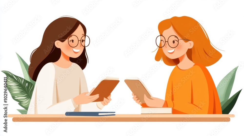 An artistic illustration featuring two women with glasses and different colored hair, happily reading and discussing books together, set against a leafy background. An artistic illustration featuring two women with glasses and different colored hair, happily reading and discussing books together, set against a leafy background.