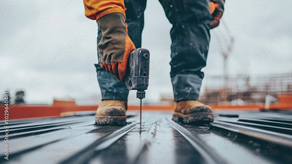 worker using nail gun on roof, showcasing precision and skill involved in construction. focus on tool highlights importance of safety and craftsmanship in building projects worker using nail gun on roof, showcasing precision and skill involved in construction. focus on tool highlights importance of safety and craftsmanship in building projects