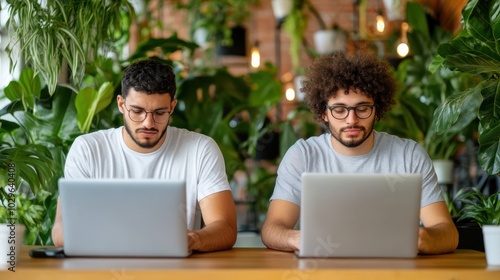 In a verdant space, two men sit side by side, focused on their laptops, embodying collaboration and serenity in a modern digital work setting.