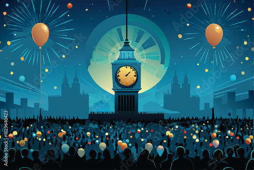 A large crowd gathered in a city square, illuminated by the giant clock tower and fireworks.