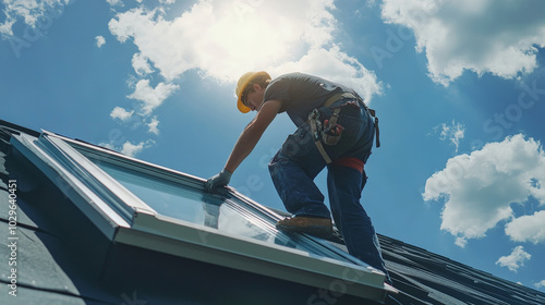 worker installing skylight during roof repairs under bright sky. scene captures dedication and skill involved in roofing work, showcasing importance of natural light in homes