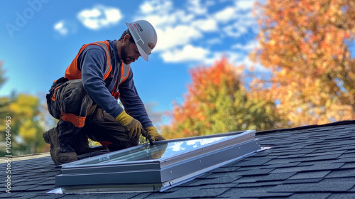 worker installing skylight during roof repairs, showcasing skill and focus. vibrant autumn backdrop adds touch of beauty to hard work involved