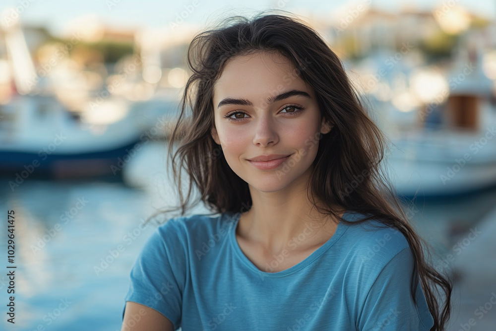 Boat Dock: Model in a plain blue shirt sitting on a dock with boats in the background. Boat Dock: Model in a plain blue shirt sitting on a dock with boats in the background.