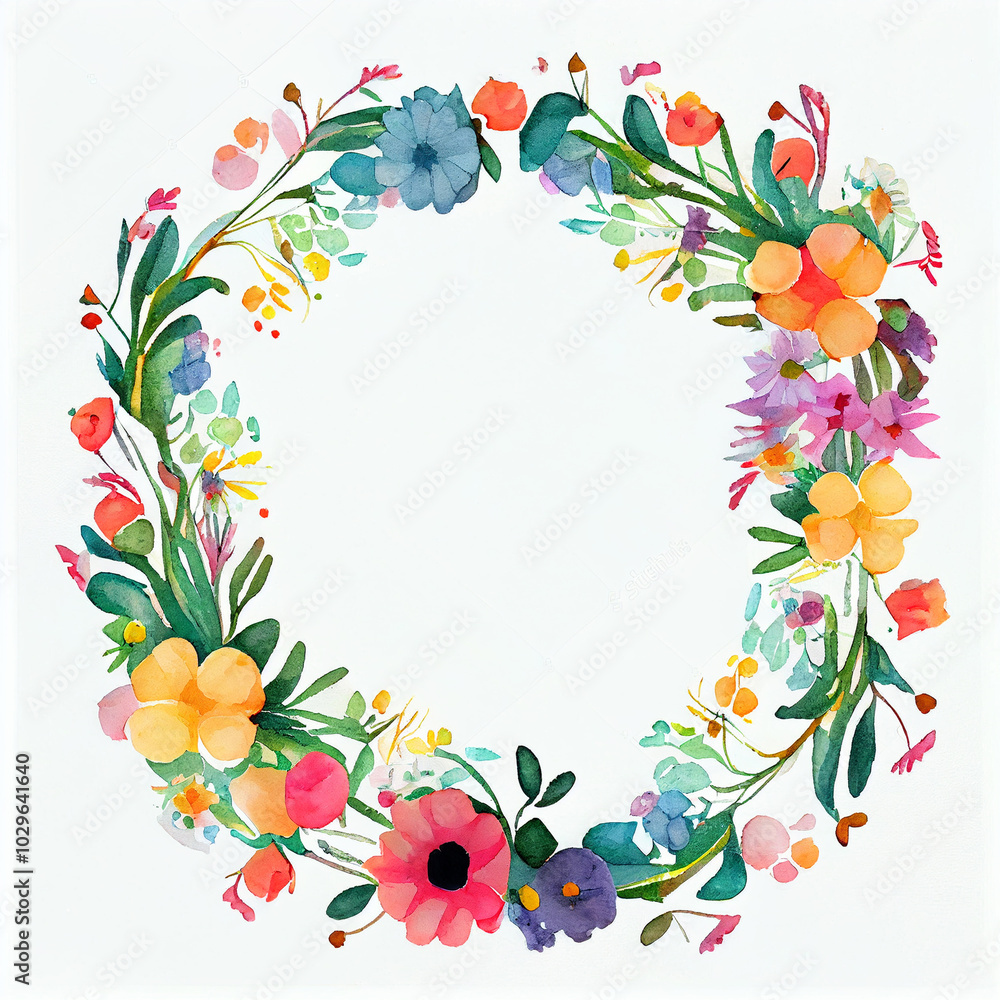 Fototapeta premium Colorful whimsical floral wreath with empty canvas center for creative decoration