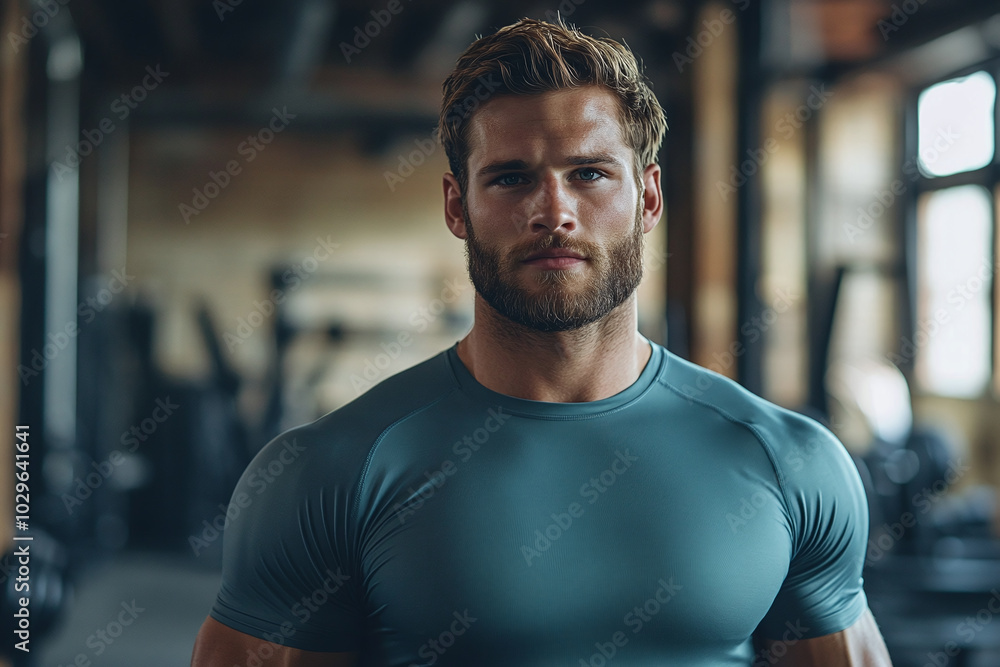 Fitness Gym: Model wearing a blank athletic shirt in a gym. Fitness Gym: Model wearing a blank athletic shirt in a gym.