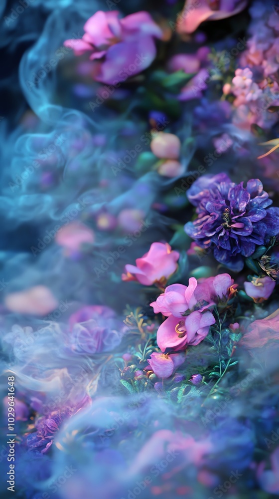 Purple flowers in a blue smoke cloud Purple flowers in a blue smoke cloud