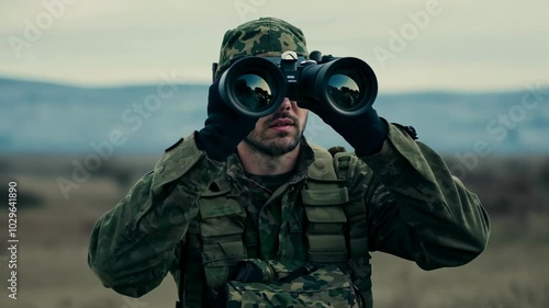 Close-up portrait of an African American soldier with binoculars. The soldier, binoculars in hand, maintains a watchful eye over the landscape, ready to respond to any emerging situation.