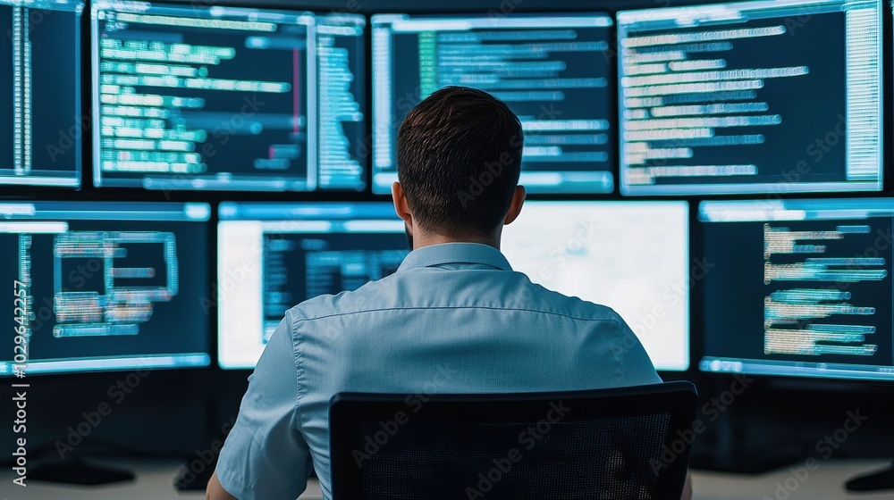 Programmer working with multiple screens Programmer working with multiple screens