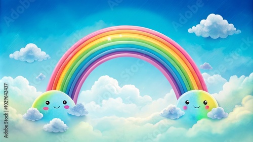 Charming hand-drawn rainbow featuring adorable pink and blue clouds, perfect for whimsical kids' rooms. A delightful art piece that brings joy and color to any space.