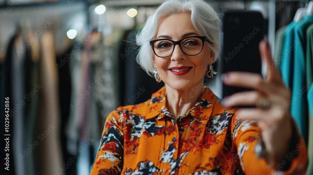 Stylish senior woman with silver hair and glasses takes selfie in vibrant floral shirt, embodying confidence and fashion-forward attitude in clothing store setting. Stylish senior woman with silver hair and glasses takes selfie in vibrant floral shirt, embodying confidence and fashion-forward attitude in clothing store setting.