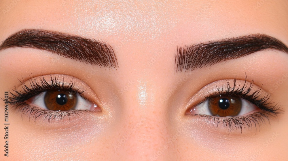 Obraz premium A close-up of perfectly shaped eyebrows, freshly tinted with a rich dark brown shade. The eyebrows are clean and crisp, and the subtle light reflects off the smooth hairs, giving them a polished look.