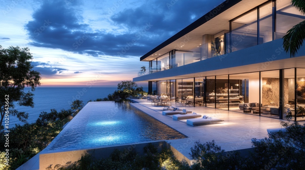 Fototapeta premium Modern luxury villa with infinity pool overlooking the ocean at sunset.